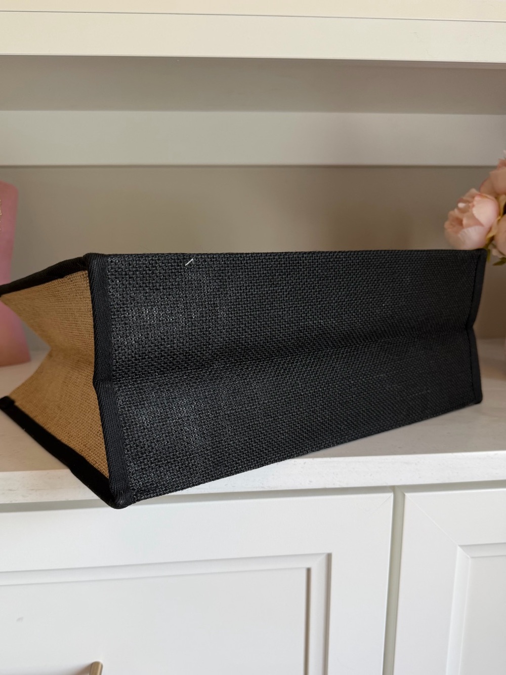 Natural Burlap Tote with Black Trim and Handles - Picture 4 of 9